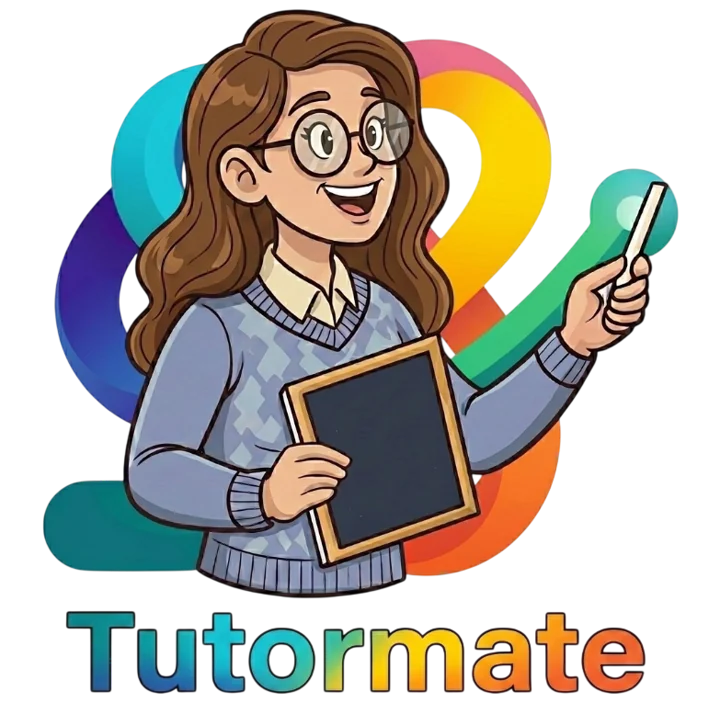 TutorMate logo: a friendly teacher holding a slate in front of the colourful Tasran ribbon